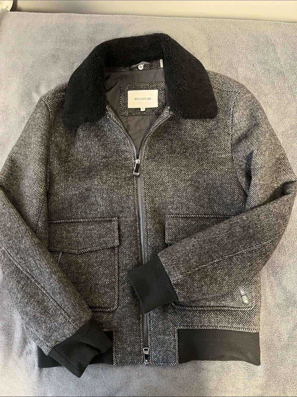 Bugatchi Gray Herringbone Bomber Jacket with Black Collar